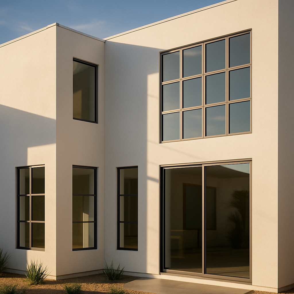 Modern building with large windows and sliding glass door