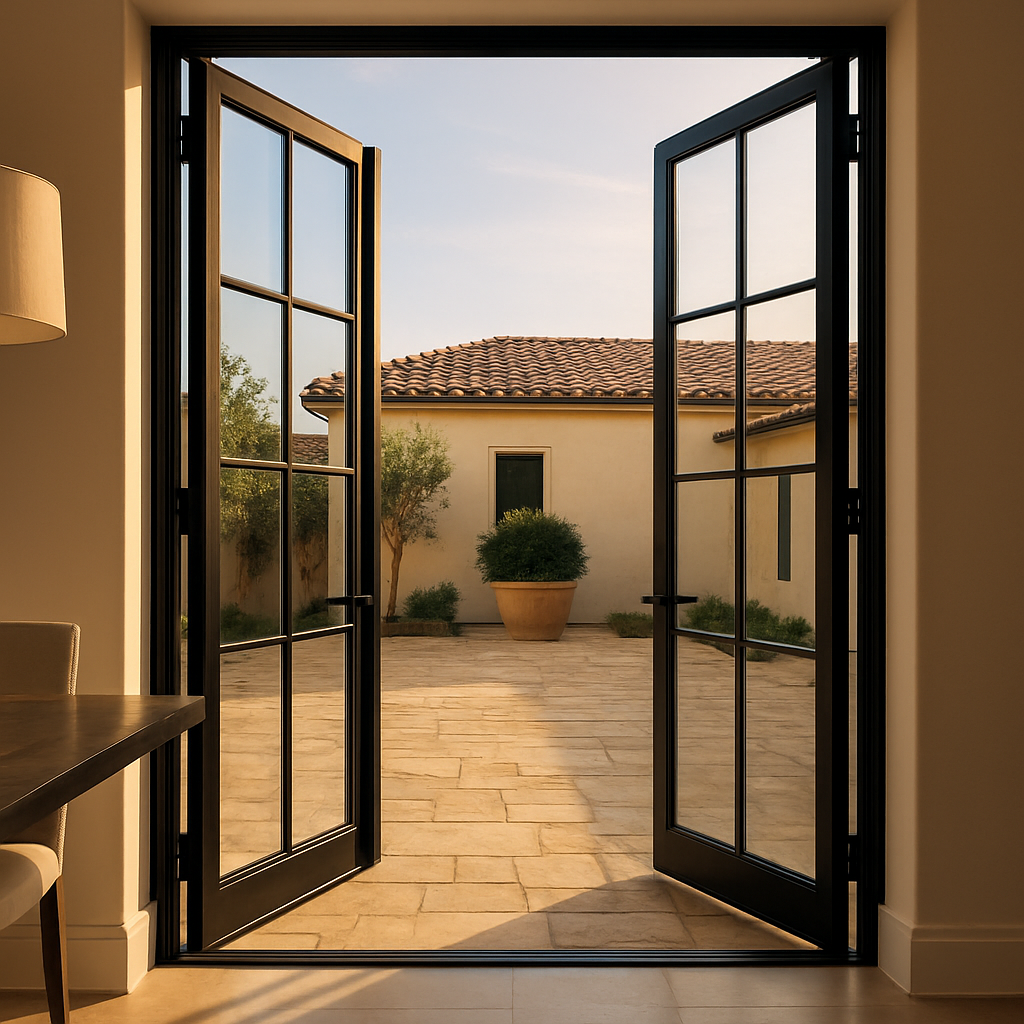Door installation of French doors opening to a courtyard and house