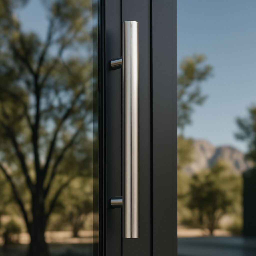 Door handle on black door frame with outdoor reflection