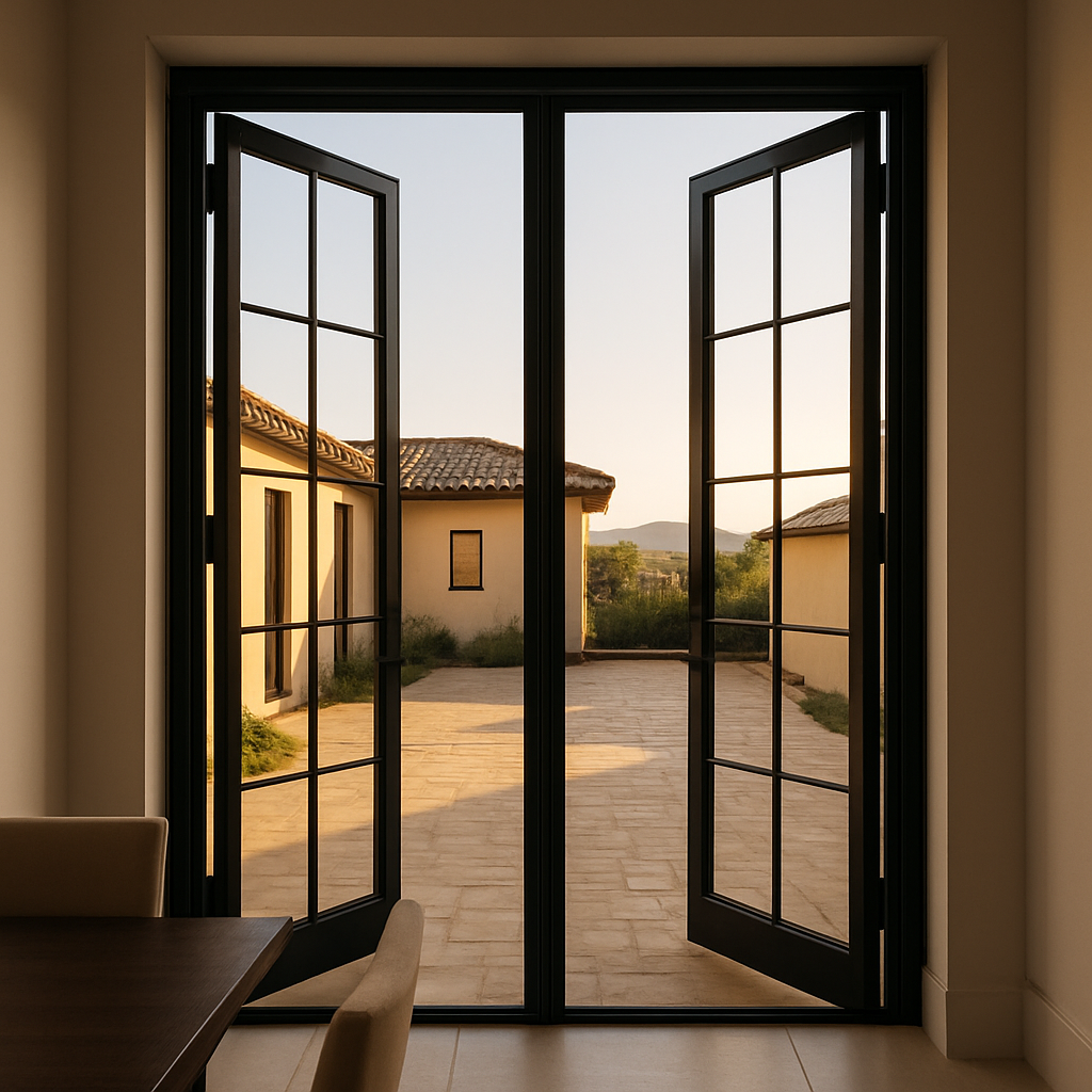 Professional door installation through open French doors to courtyard