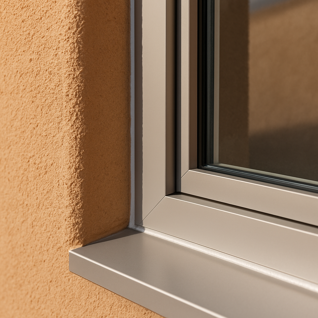 Window replacement detail with gray frame and textured wall