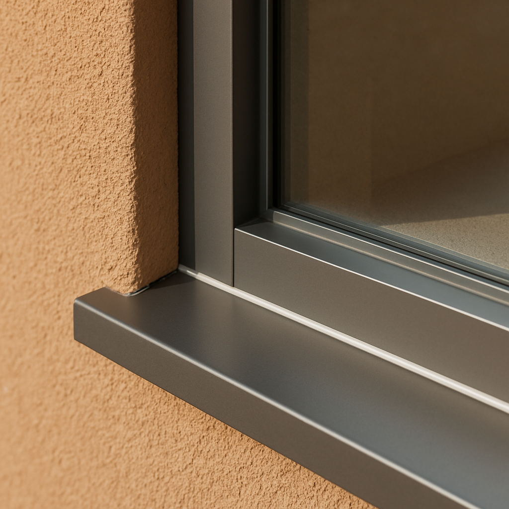 Modern window frame replacement with dark gray sill on orange stucco wall