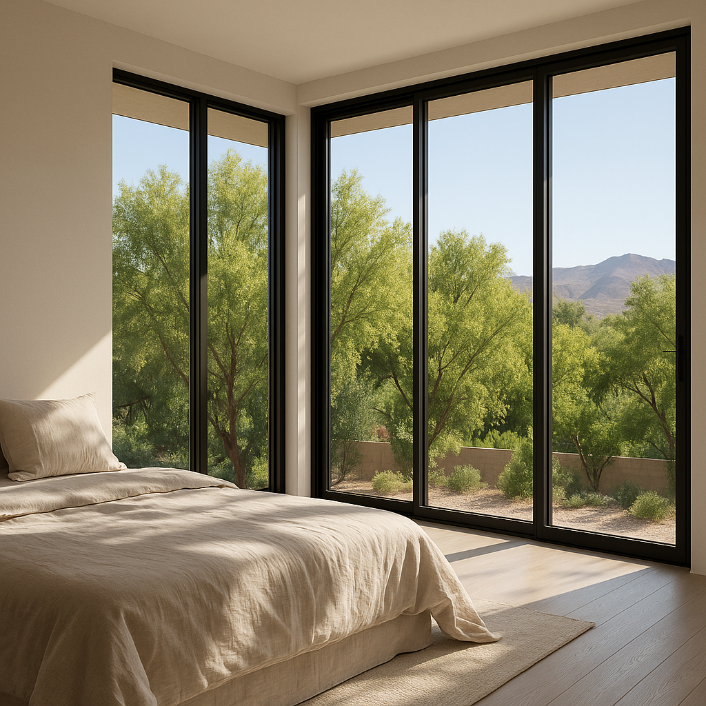 Bedroom with large windows overlooking a green landscape