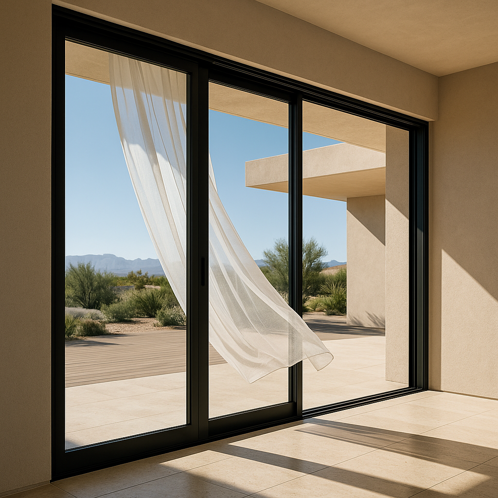 Sheer curtain billowing through sliding glass doors with desert view in Spring Valley, NV
