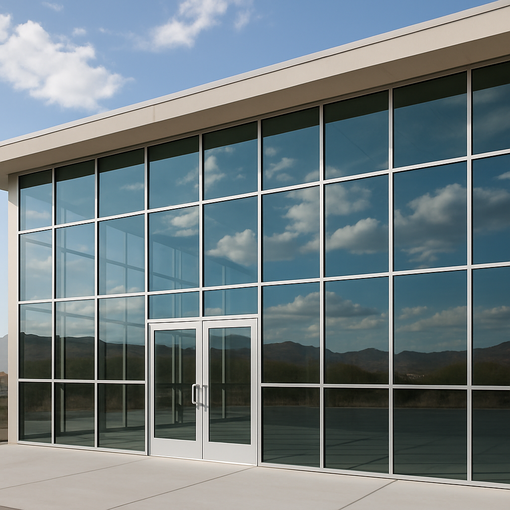 Modern building facade with large glass windows and double doors in Winchester, NV