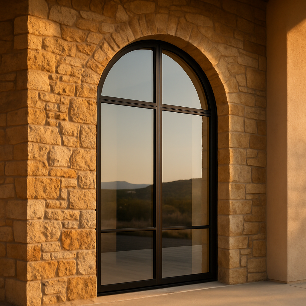 Arched custom window in stone wall at sunset in Las Vegas, NV